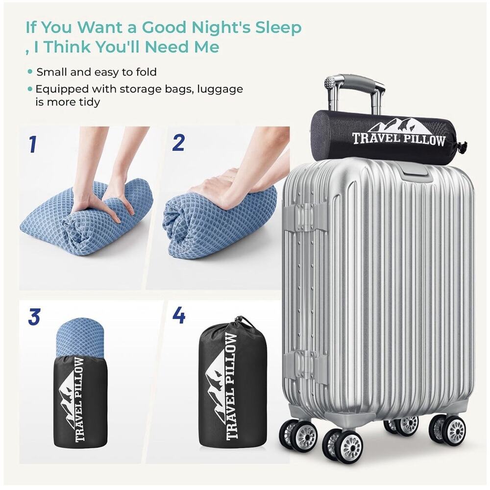 Travel Pillow Memory Foam Compressible Camping Travel Pillow Blue Small - Picture 4 of 6